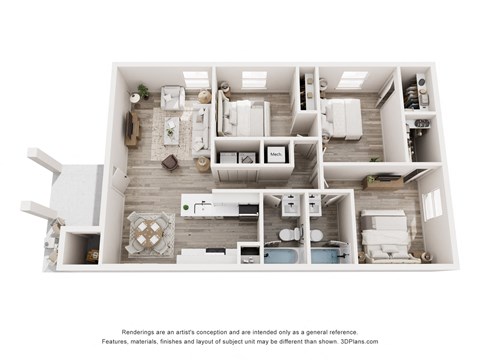 Floor plan for 3 beds, 2 baths, 1039 sqft